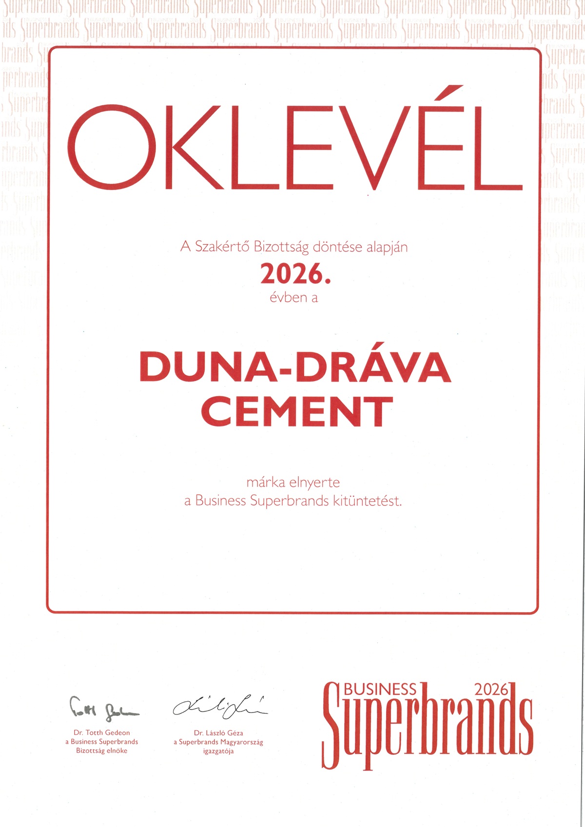 Superbrands oklevél 2026